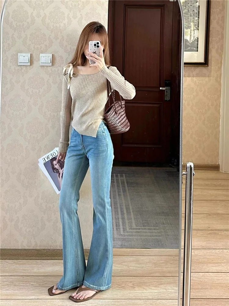 

American Retro Light Wash Bell Bottom Jeans Women's Vintage High Waist Extended Length Design Sensation Floor Length Pants