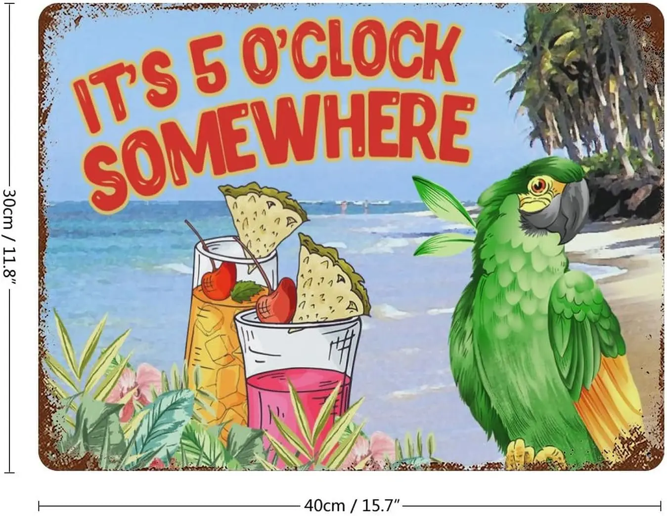 Party Parrot Happy Hour Margarita 12 x 16 Inch Tin Signs, It's 5 O'Clock Somewhere Summer Parrot Metal Tin Sign Vintage