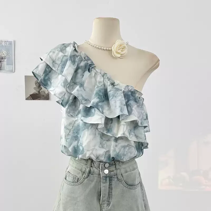 

Винтажная асимметричная блузка с рюшами, корейская модная сексуальная офисная женская рубашка, летняя женская одежда