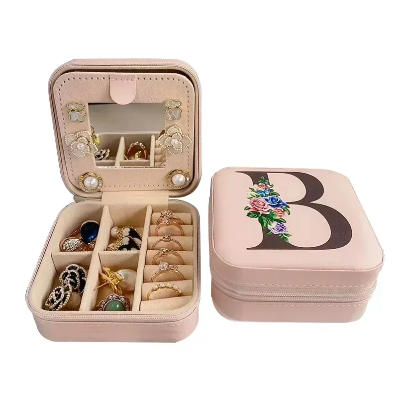 Caja de joyería con cremallera para anillos y pendientes, estuche de joyería de viaje de cuero con letras personalizadas, joyería para soporte de propuesta de dama de honor, su regalo