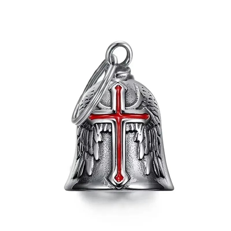 Fashion Red Cross Guardian Angel Wings Bell Motorcycle Bell Keychain Men's Biker Exorcist Amulet Lucky Jewelry Accessory
