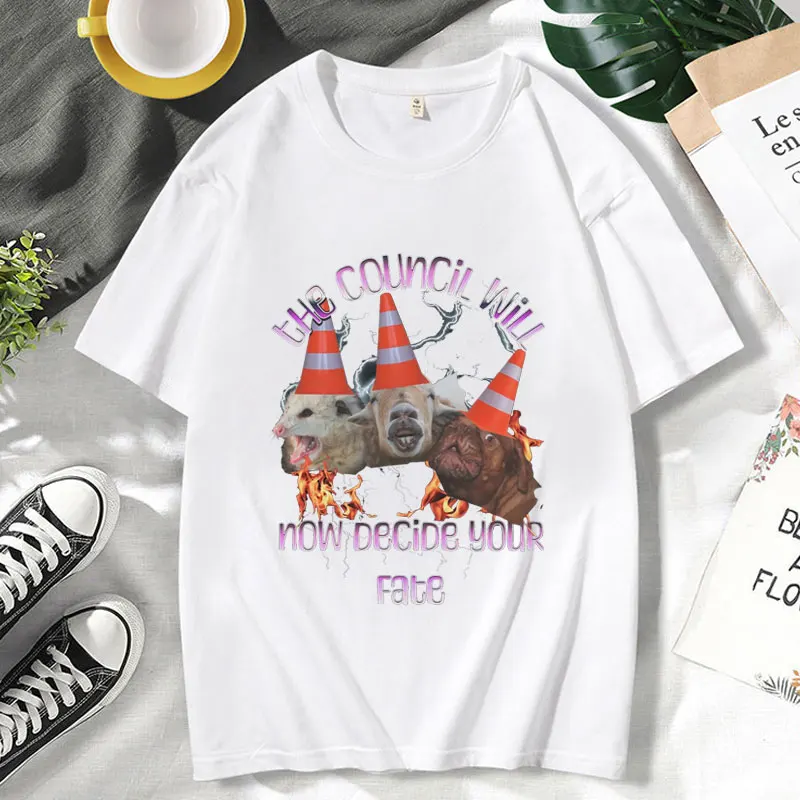 Stylish The Council Will Decide Your Fate Print T Shirt Men's Women's Cat Dog Meme Funny Opossum T-shirt Vintage T-shirts Male