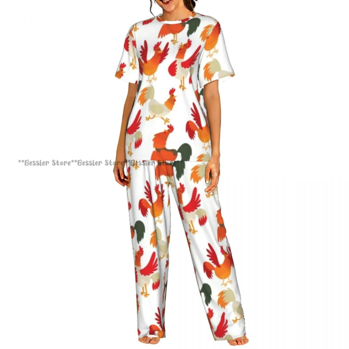 Women Pajama Sets Lounge Sleepwear Cute Cartoon Rooster Illustration Short Sleeve Nightwear