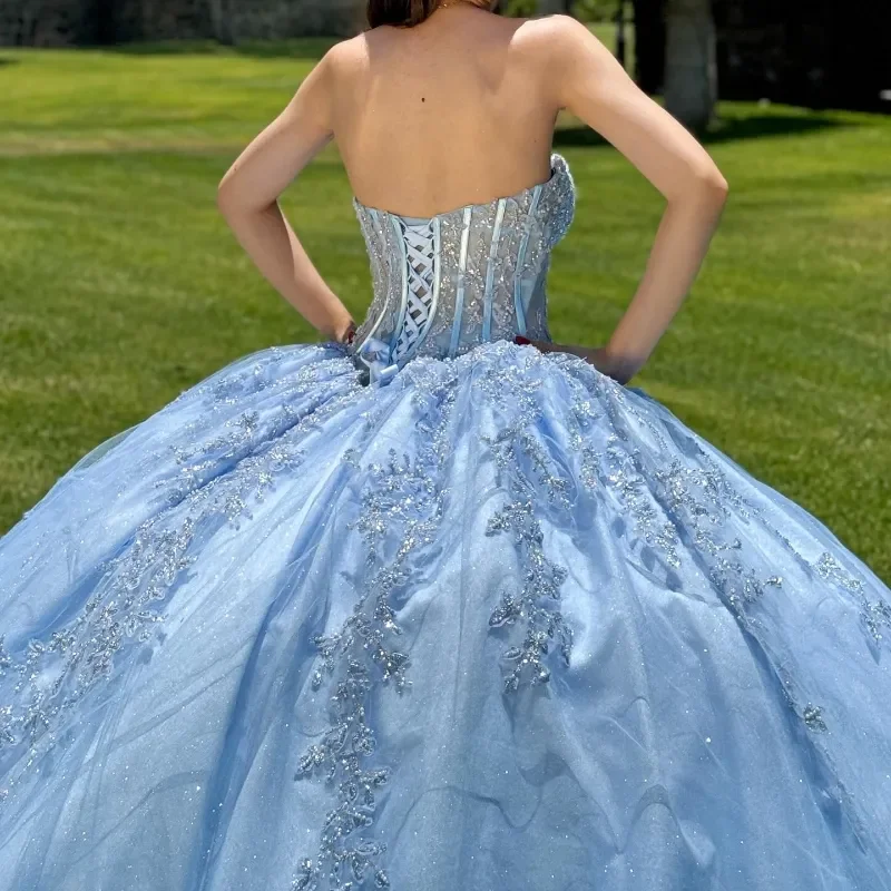 Glitter Light Blue เจ้าหญิง Quinceanera ชุดสวย Applique ประดับด้วยลูกปัดภาพลวงตา LACE-Up vestido de princesas Ball Gown ที่กําหนดเอง