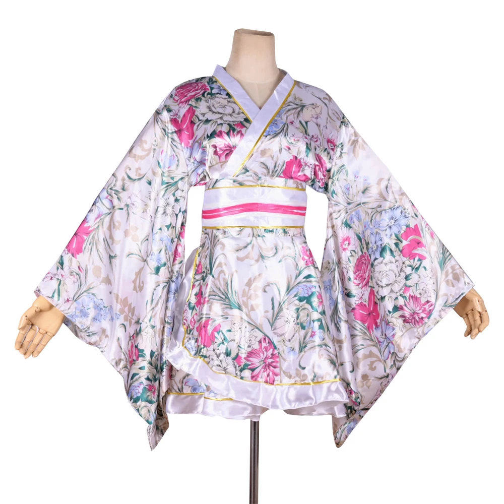 Yukata tradicional feminina com estampa floral, quimono japonês, vestido formal, vestido curto, performance de palco, interpretação de papéis, vintage