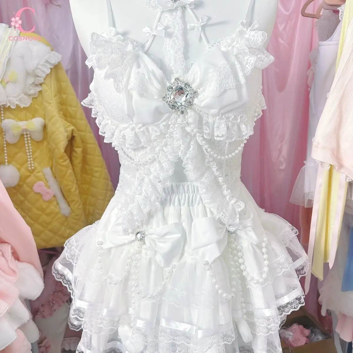

Sweet Lolita Pure Desire Lace Halter Bow Pearl Rhinestone 2 Pcs Set Women Layered Cake Top Skirt Kawaii Party Daily Chic Clothes