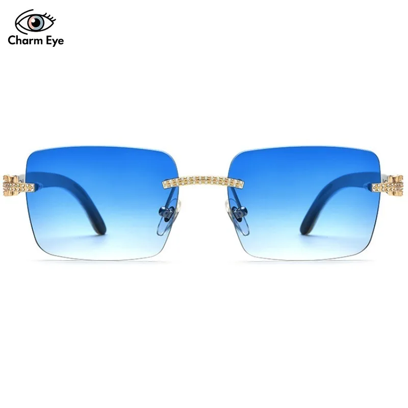 High End Women Diamond Natural Buffalo Horn Sunglasses Precious Black White Buffalo Horn Legs Fashion Luxury Sun Glasses for Men