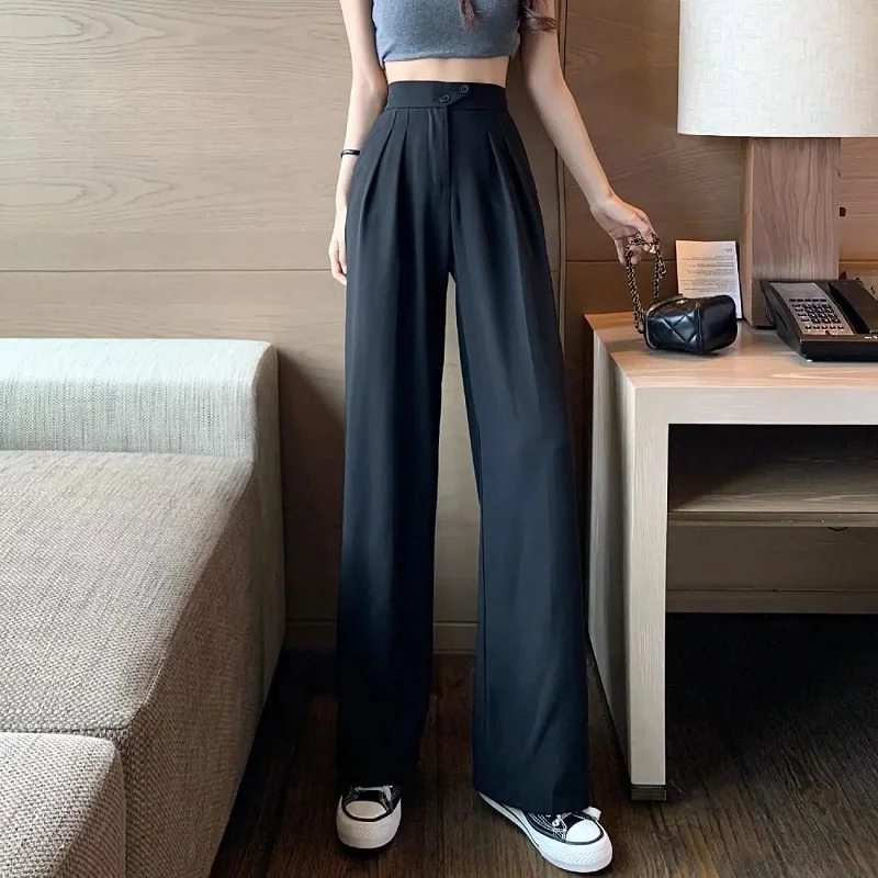 Women\'s Summer Casual Wide Leg Pants Button Slim Straight Leg Long Trousers Elastic High Waist Suit Pants Versatile For Women