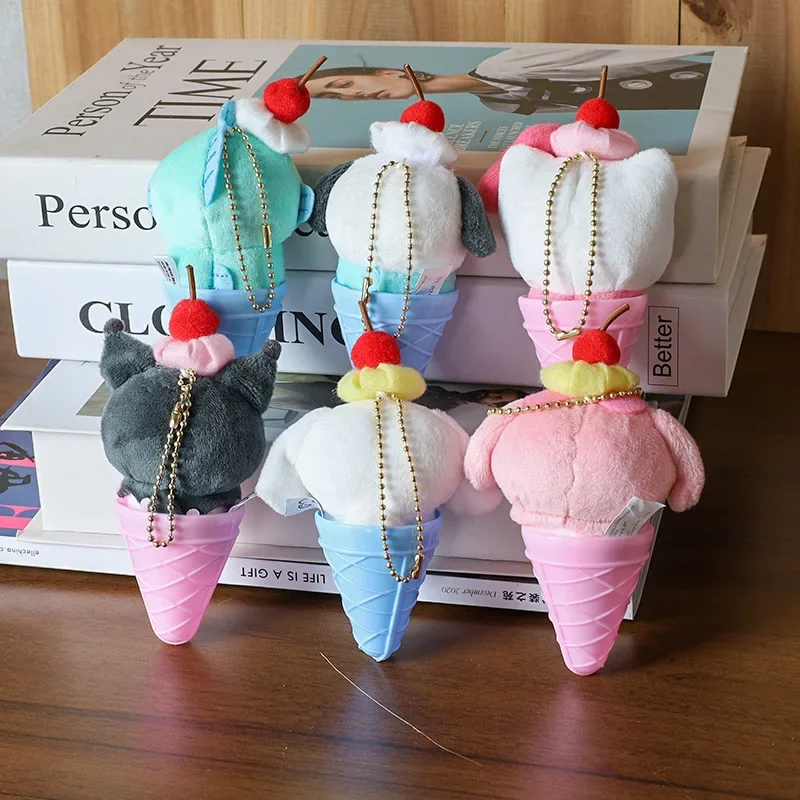 Sanrio Cone Ice Cream Cartoon Pendant Hello Kitty Kuromi Pochacco Cinnamoroll Plush Dol Toy Keychain Bag Pendant Accessories