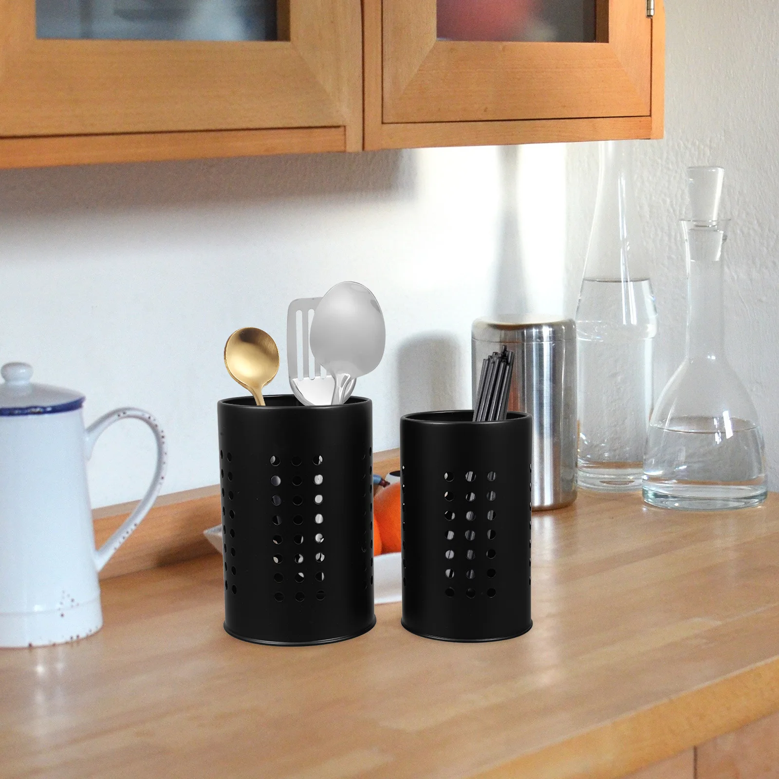 

2pcs Stainless Steel Utensil Holder For Countertop Large Kitchen Tool Organizer Drying Design Silverware Holder For Spoons