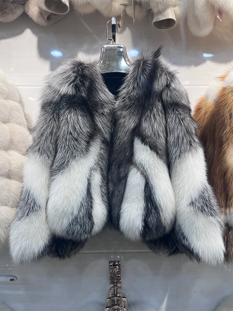 

New Fashion Women Real Natural Silver Fox Fur Coat Highend Quality Genuine Winter Luxury Female Jacket Long Sleeve