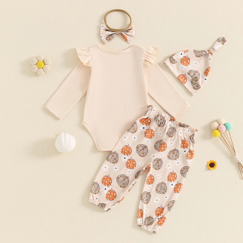 0-18 Months Baby Girls Halloween 4PCS Clothes Long Sleeve O Neck Romper Pumpkin Print Pants Hat Headband Sets