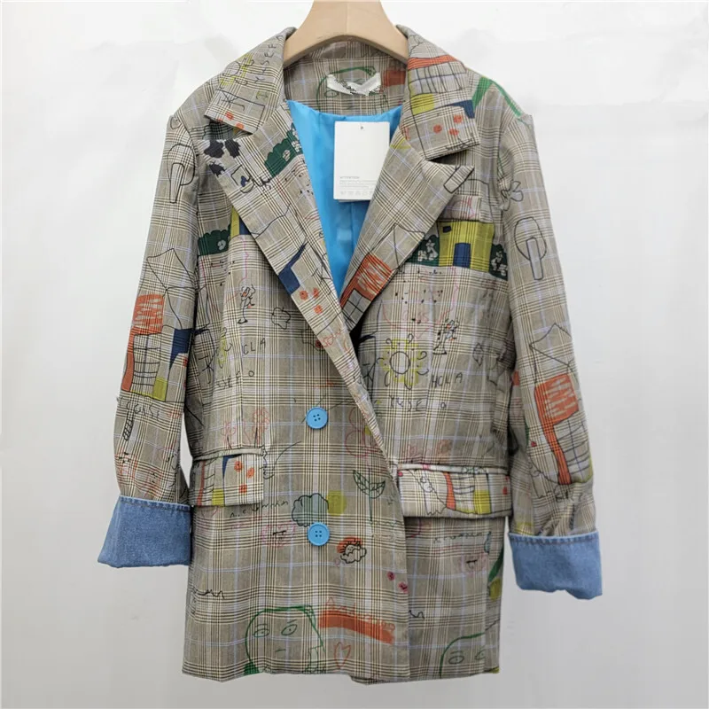 WTHT Trendy Women\'s Gray Plaid Graffiti Design Loose Casual Blazer 2024 Autumn Fashion Lapel Long Sleeves Jacket Female 1LS082