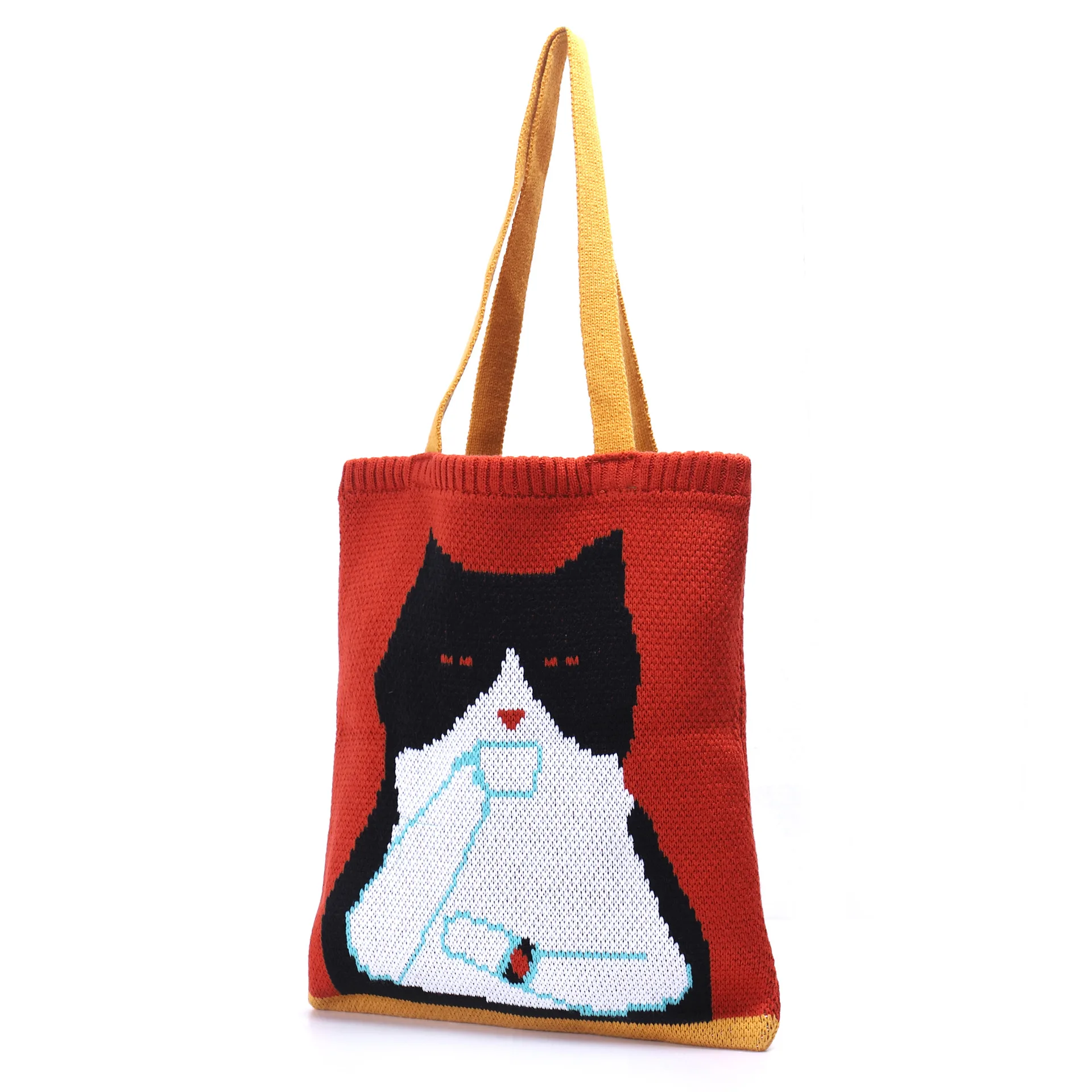 

Knitted Bag Cat Pattern Knitted Bag Square SOFT Casual Totes Handbag All-match Small Fresh Girls Bag