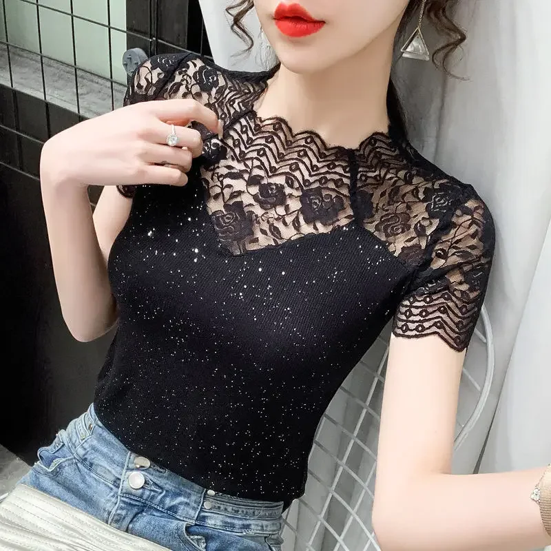 M-4XL Summer Hollow out Black shirt New fashion Sexy Short-sleeved Mesh Lace T shirt Women Casual Bright silk Tops V1050