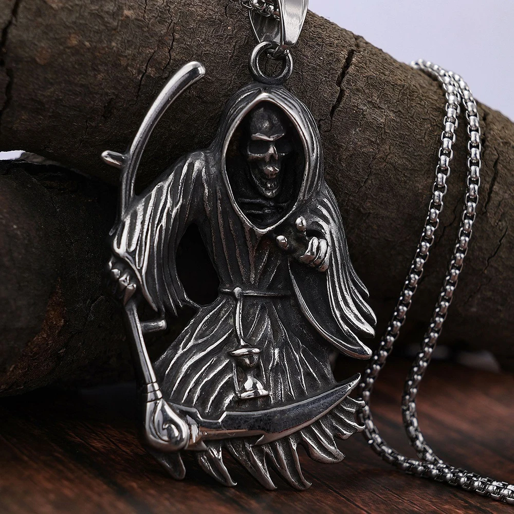 Skull sickle death Gothic Punk Men Alloy Pendant Necklace Hip Hop Rapper Rocker Men Fashion Pendant Neck Chain Jewelry Accessory