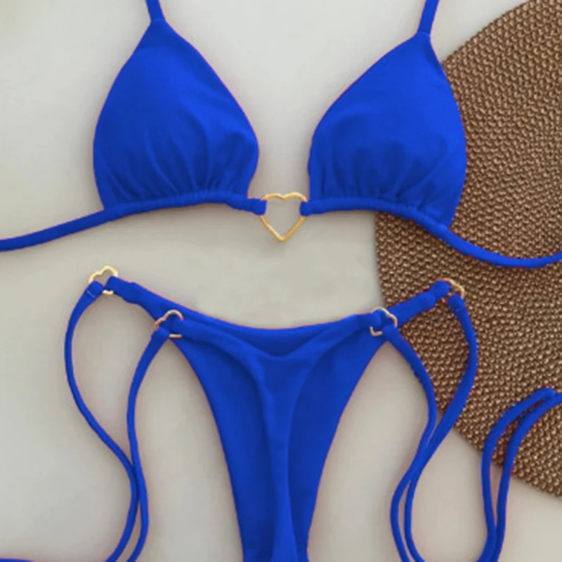 ผู้หญิงเซ็กซี่สีทึบ Halter บิกินี่รายละเอียดโลหะ Push Up Bra ทองด้านล่างบราซิลแยกชุดว่ายน้ําแฟชั่น Beachwear ฤดูร้อน