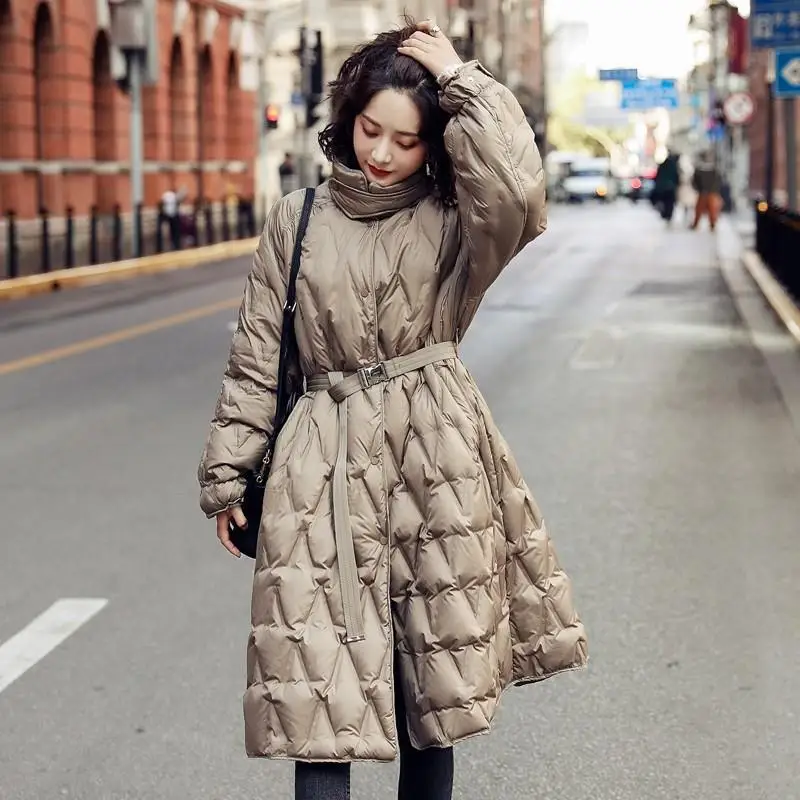 

2025 New Women Down Jacket Long Overcoat Winter Fashion Slim Fit Waist Belt White Duck Down Coat