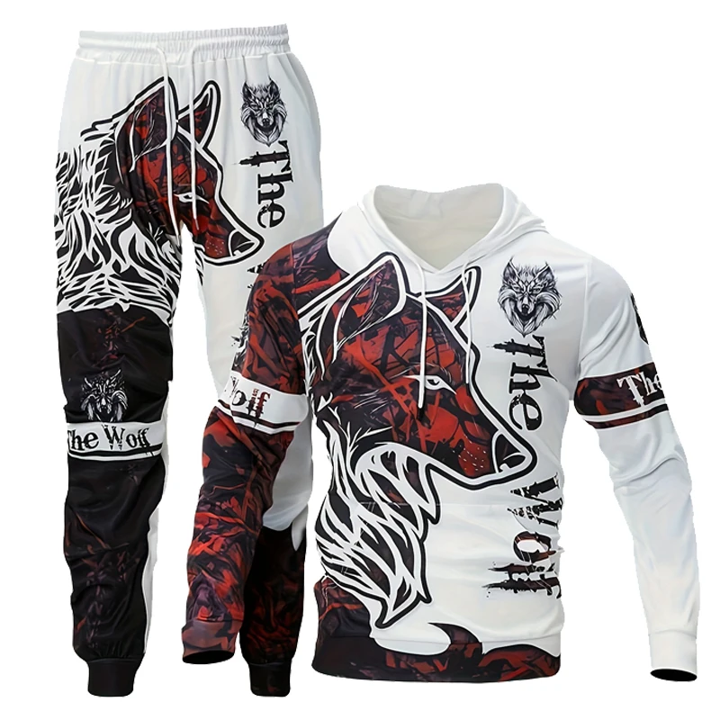 Men's Wolf Pattern 3D 3D Printed Casual Suit, Spring and Fall Casual 2 Piece Set