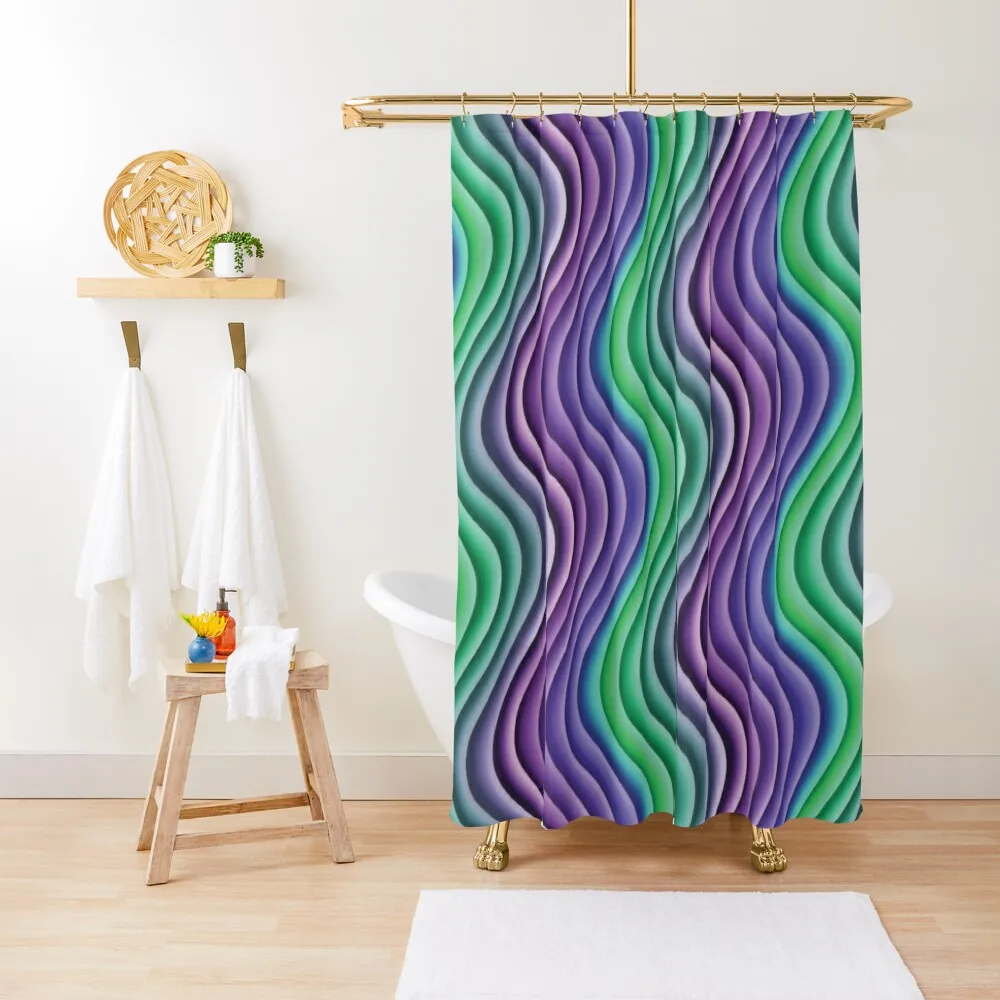 

Purple and Green Wavy Pattern Shower Curtain Washable Waterproof Fabric Shower Anime Bathroom Bathtub Curtain