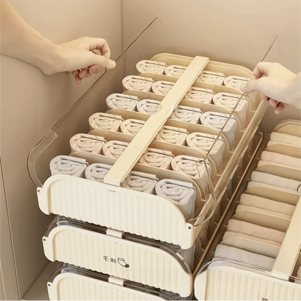 12 Grids Underwear Storage Box Stackable Clear Cover Sock Storage Case Space Saving Partition Design Closet Underwear Bin