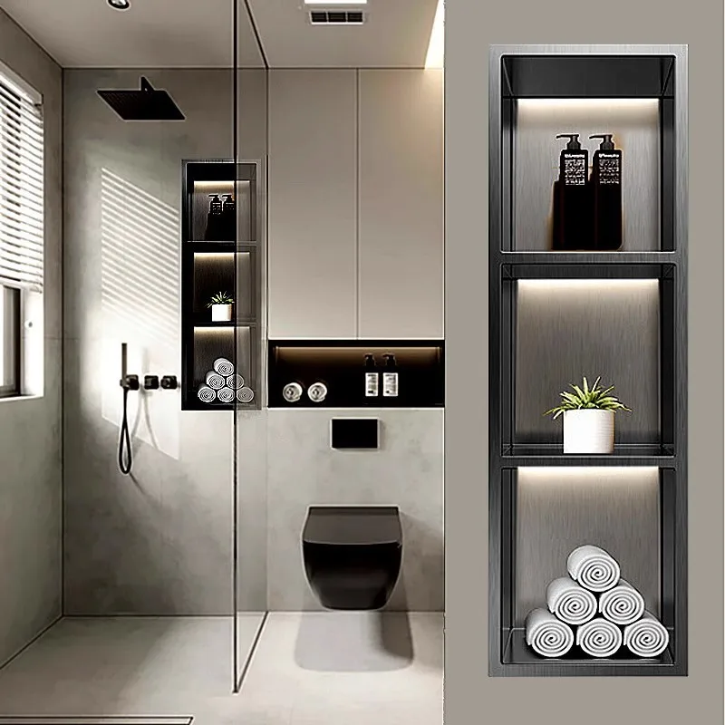 

Stainless Steel Shelf Bathroom Wall Mounted Niche Balcony Toilet Wall Storage Cabinet Recessed Cabinet with Light Cabinet