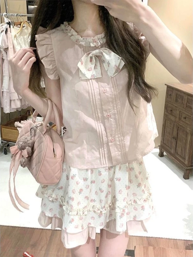 

Pink Sweet Print new Two Piece Set women Elegant Sleeveless Top + Floral High Waisted Skirt Set Summer Bow Kawaii Ruched Outfits