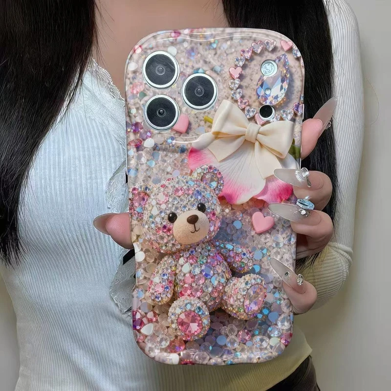 Cute Glittering Rhinestone Bear 2D Pattern Phone Case For iPhone 11 12 13 14 15 16 17 18 Pro Max 16e 17e 15 Plus Wavy-edge Cover