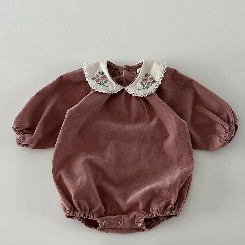 2024 New Autumn Children Clothes Newborn Baby Girls Bodysuits Long Sleeves Corduroy Flower Embroidery Korean Style Climbing Suit