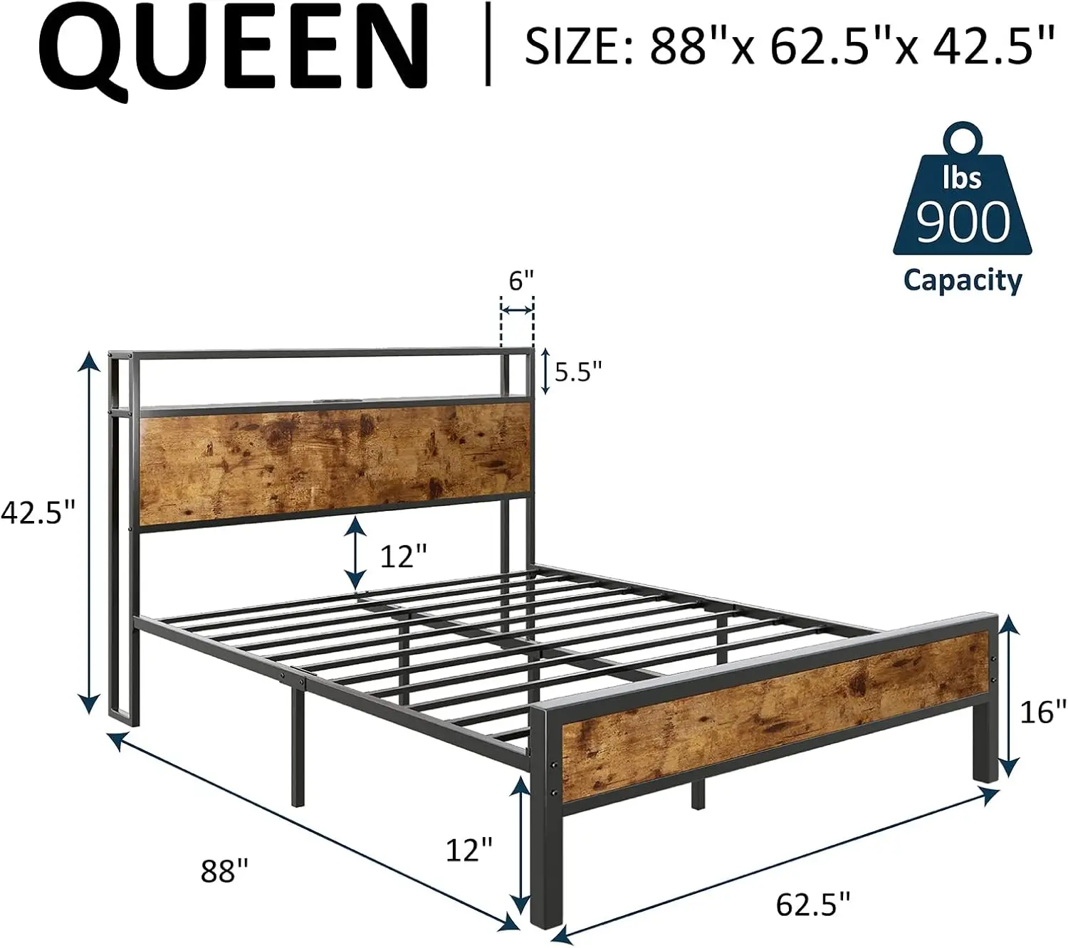 Queen Size Bed Frame Industrial Platform Bed with Charging Station, 2-Tier Storage Headboard/No Box Spring Needed/Noise