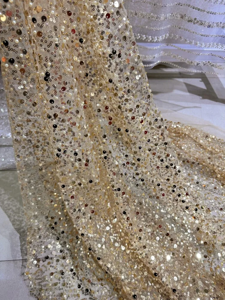 Golden Purple Red Embroidery Sequin Bead Dress Designer Fabric Transparent Mesh Accessories Fabric