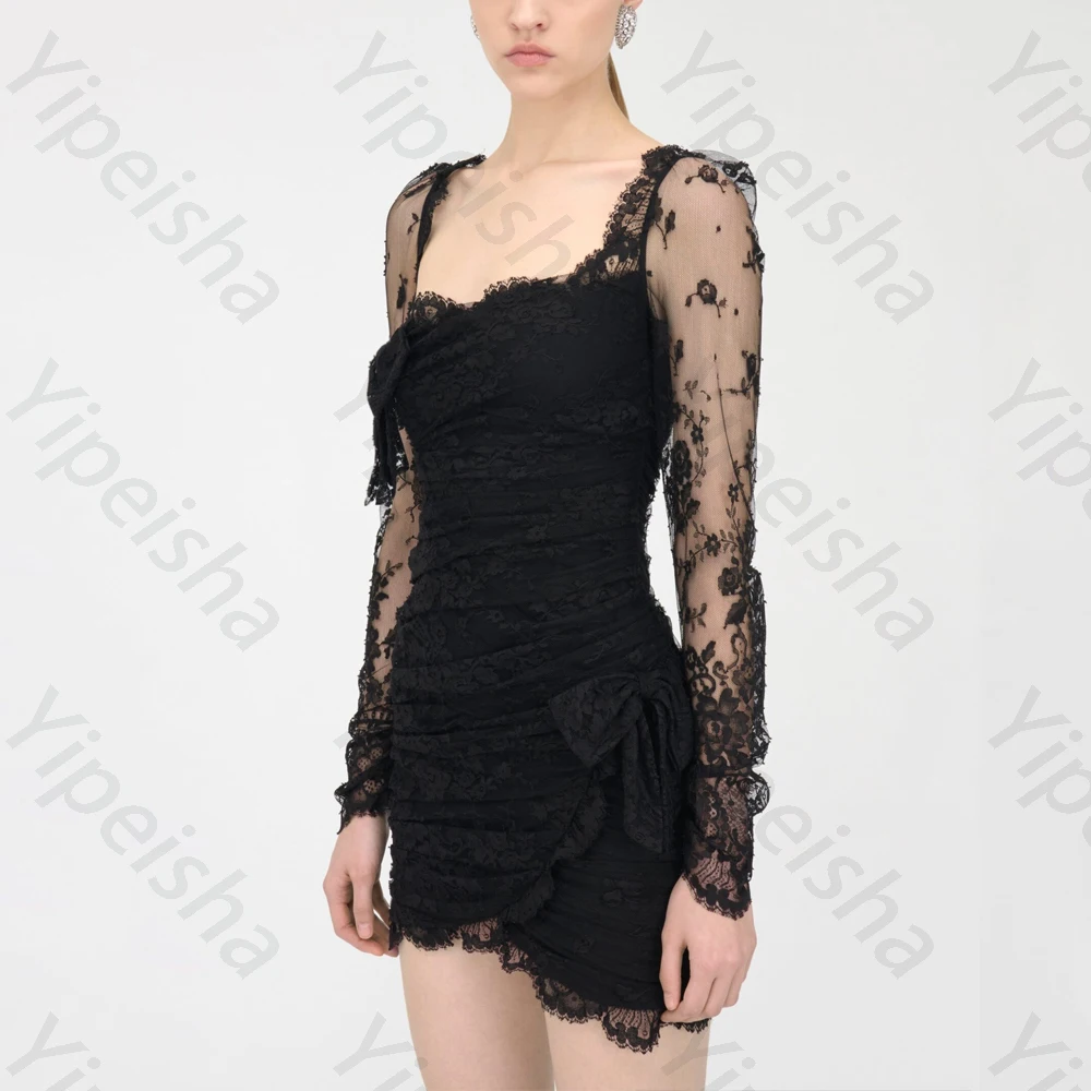 레이스 드레이프 긴 소매 칵테일 드레스 우아한 연예인 드레스 여성을위한 절묘한 고품질 파티 파티 가운 맞춤형