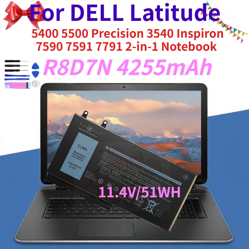 

R8D7N 4255mAh Laptop Batteries For DELL Latitude 5400 5500 Precision 3540 Inspiron 7590 7591 7791 2-in-1 Notebook 11.4V/51WH