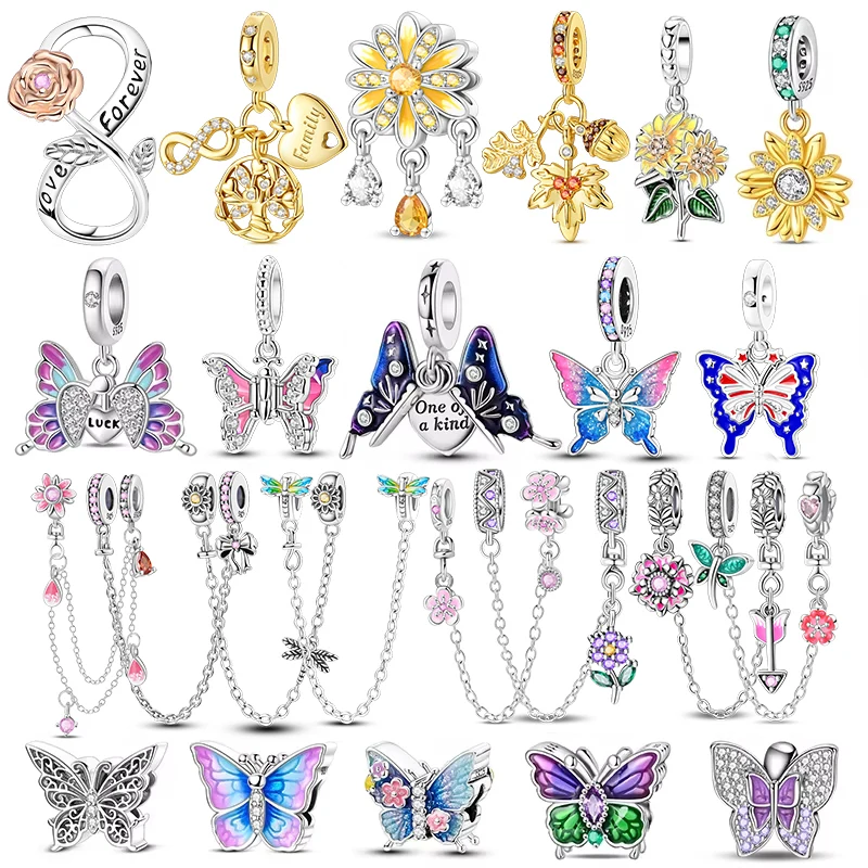 

Hot Butterfly charm beads 925 sterling silver Flower Safety Chain Dangle for original bracelet charms pendant jewelry