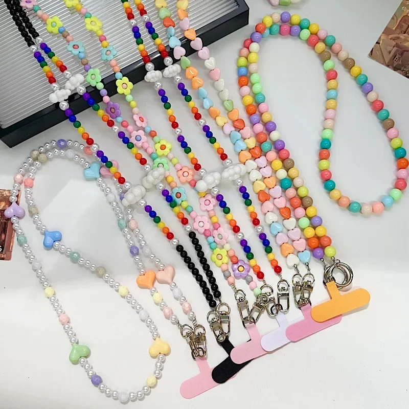 

Красочная цепочка для мобильного телефона с облаком любви, цепочка через плечо, высококачественная цепочка с бантом «сделай сам», жемчужная цепочка с цветком любви