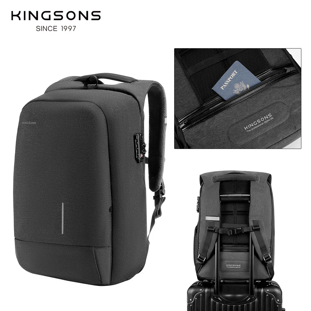 Kingsons Customs Lock Anti-theft Men Women Backpack For Laptop 13.3/15.6/17.3 inch Waterproof With USB Charging Port 180° Open
