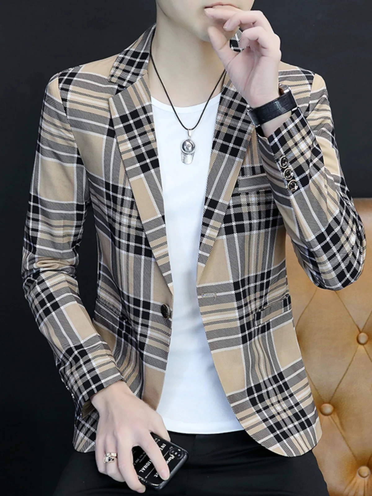 

Мужская демисезонная повседневная куртка в клетку на одной пуговице, модная, с отложным воротником, длинными рукавами, из полиэстера