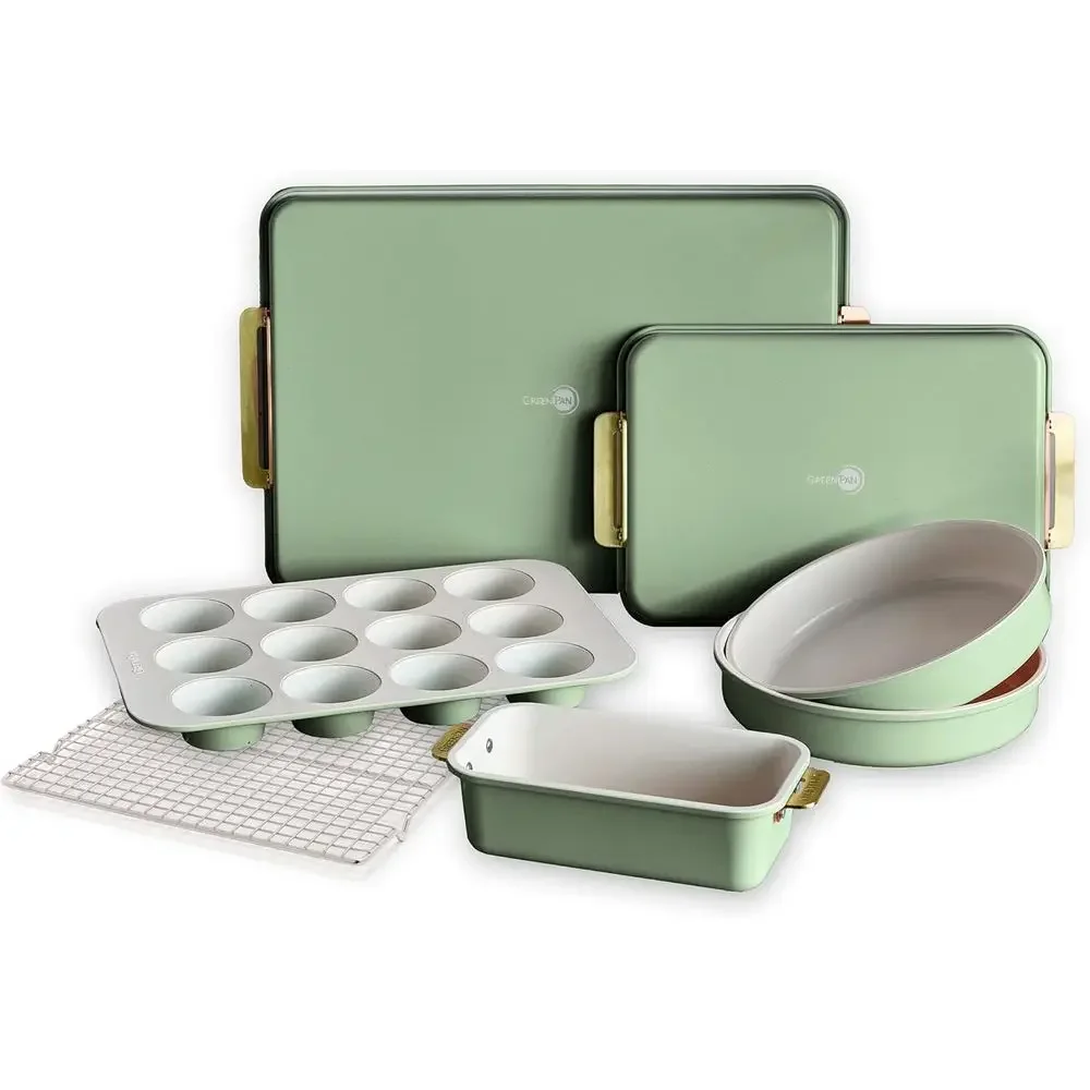 

7-Piece Sage Green Ceramic Nonstick Bakeware Set with Gold Handles, Including Cake Pans, Muffin Tin, and Cooling Rack, Oven Safe