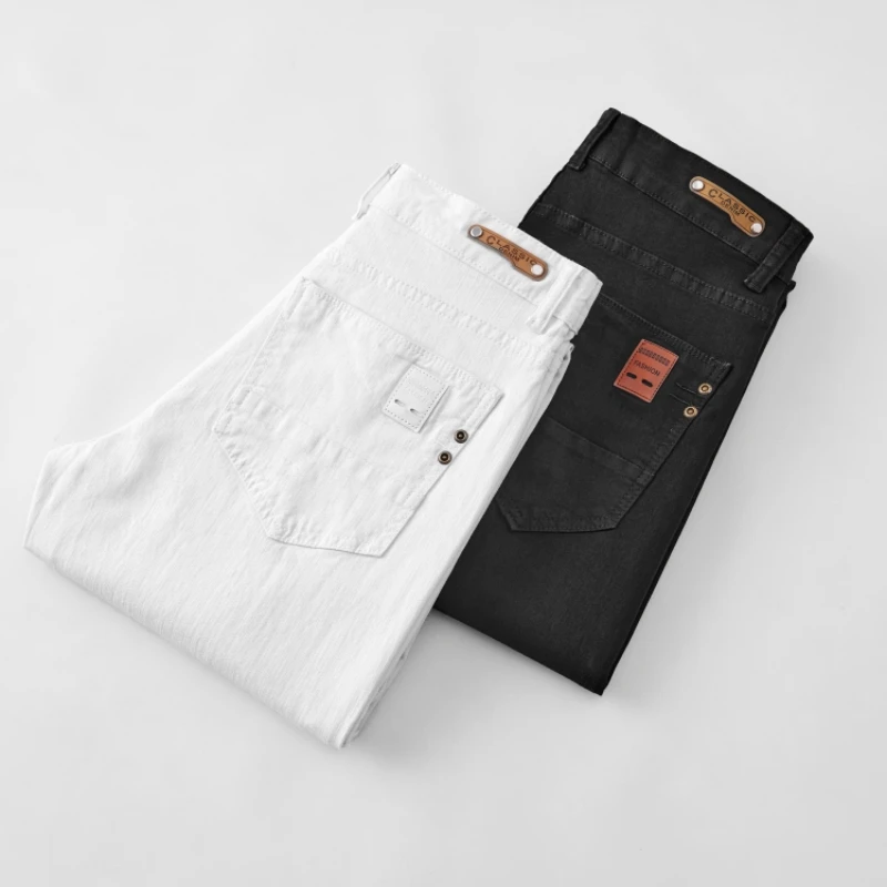 Jeans reto stretch simples e high-end masculino, calça cor pura, rua diária com tudo a combinar, casual, verão