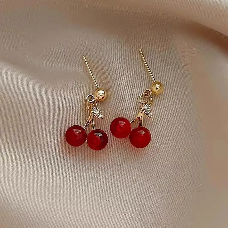 Zircão vermelho cereja folha brincos para mulheres, bonito piercing jóias, moda Dangle, festa de aniversário, baile, presentes de casamento