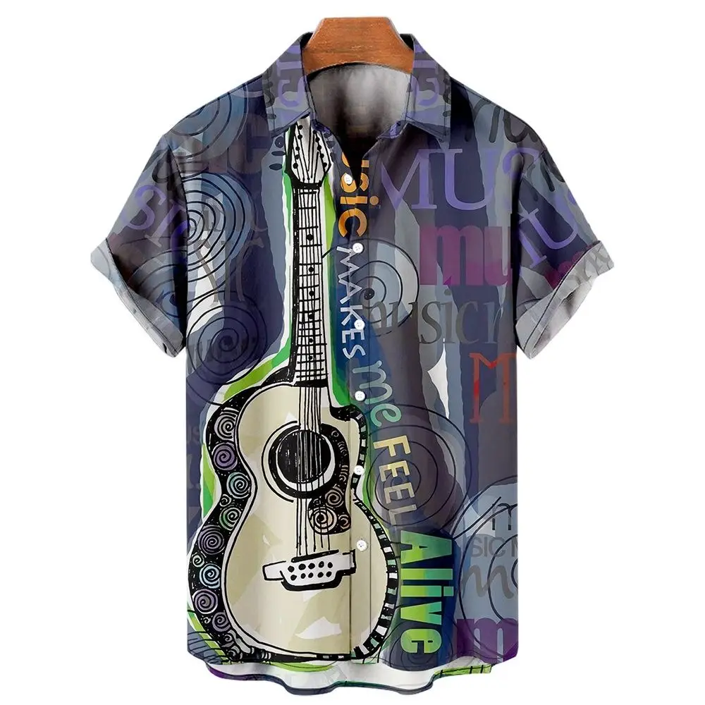 Men's music guitar printed shirt, rock hip-hop men's short sleeved beach shirt, summer outdoor street retro shirt