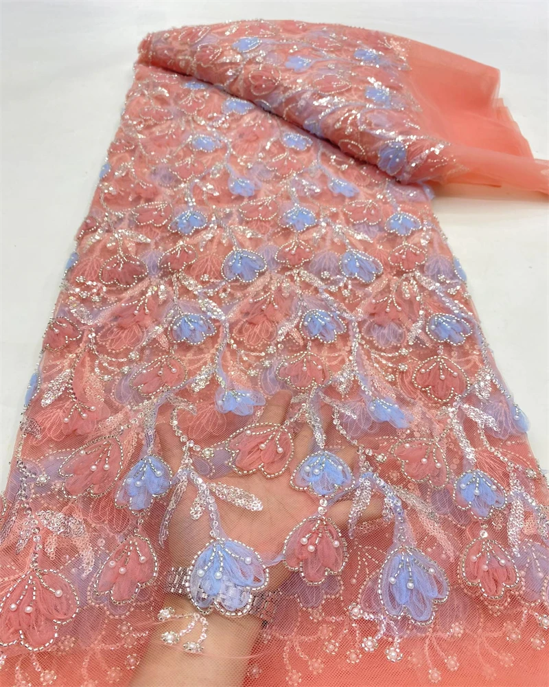

African Lace Fabric 2025 High Quality French Flower Sequins Embroidery Beads Tulle Lace Fabric For Party Dress