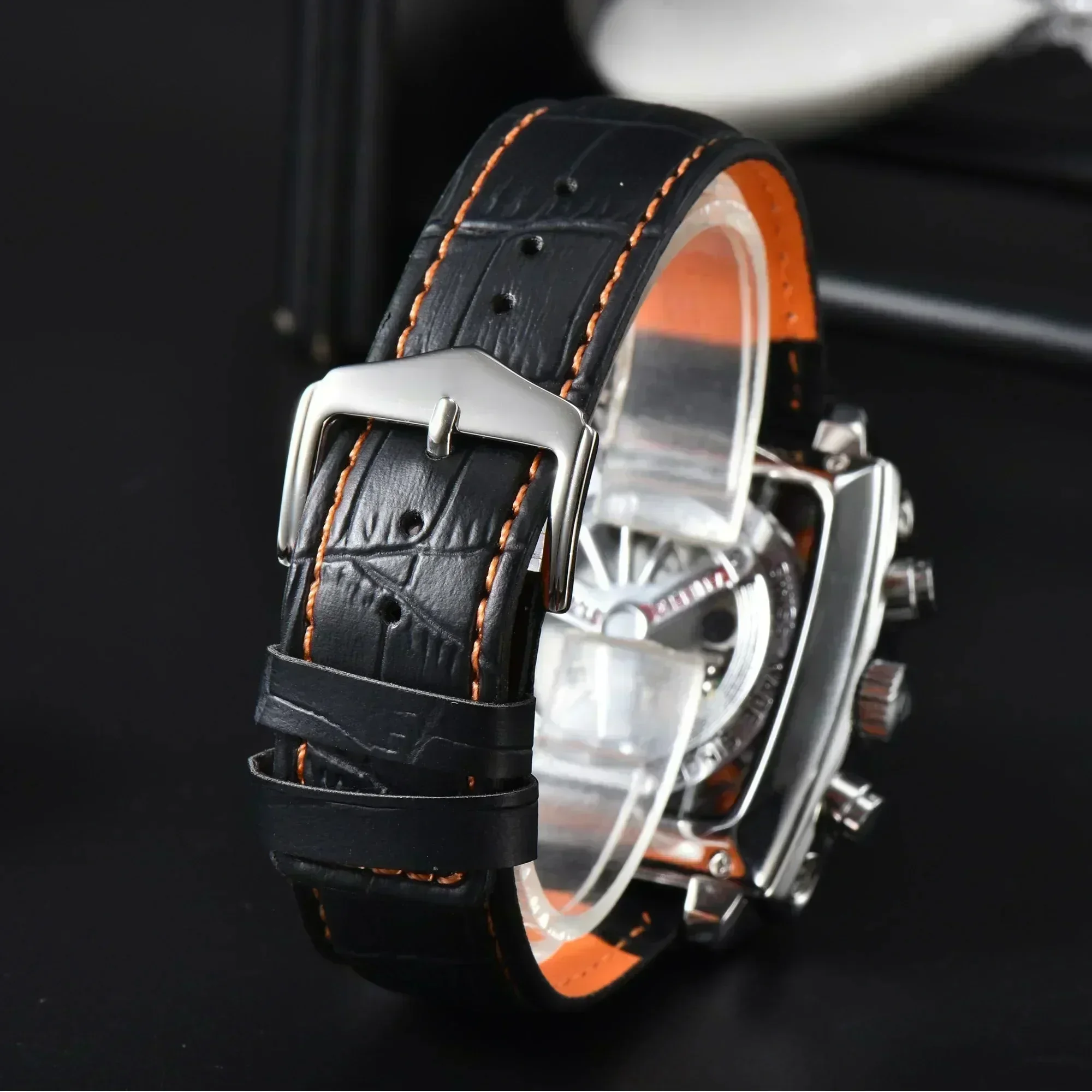 AAA Male Clocks Free Shipping Original Brand Fashion Watches For Men Luxury Monaco Design Square Case Leather Strap Hollow Back