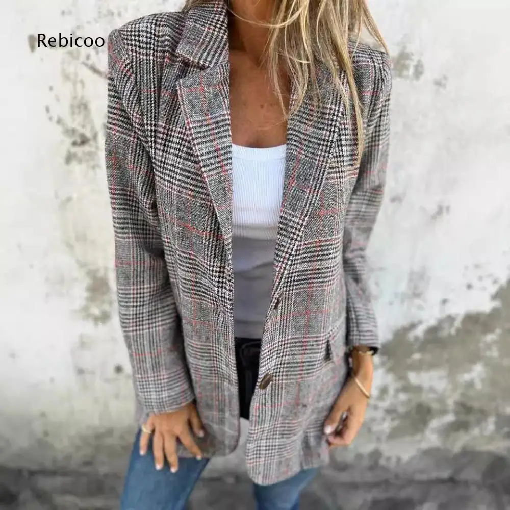 Women Fashion Plaid Blazer Notched Lapel Long Sleeve Single Breasted Button Loose Casual Suit Coat With Functional Pockets