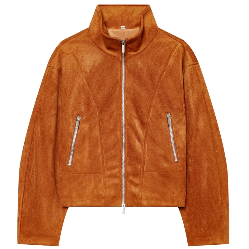 HXAO Faux Suede Cropped Jacket Women's Jacket Autumn 2026 Fashion Orange Long Sleeve Stand Collar Zip-Up Slim Outerwear Chic Top