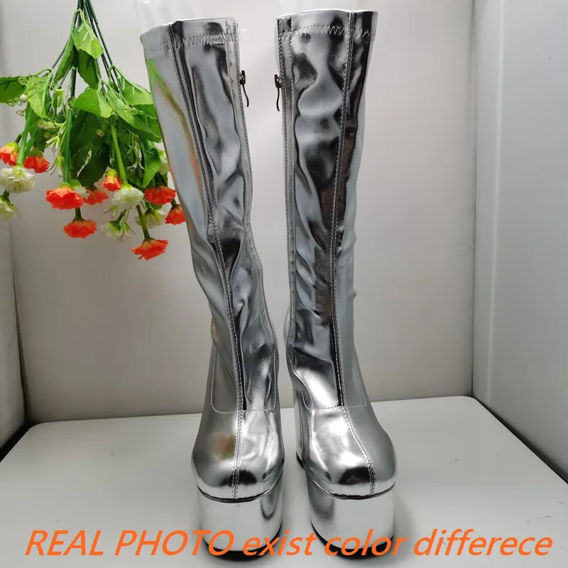 SIMLOVEYO 14cm Block Heel 5cm Platform Knee Boots Round Toe Faux Leather Silver Big Size 43 44 45 46 47 48 US16 US17