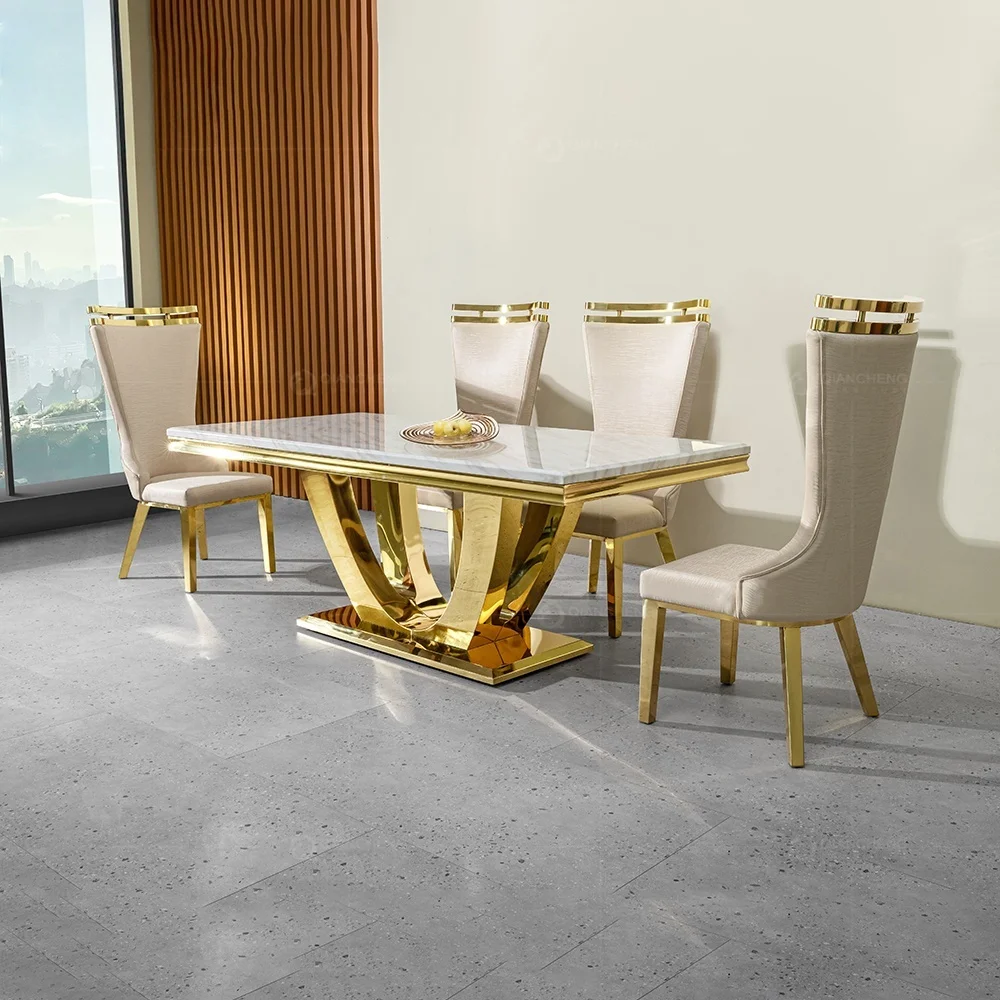 Middle Eastern European Style Furniture Fashionable White Granite Marble Minimalist Sealing Glaze Dining Room Table  Chairs Set