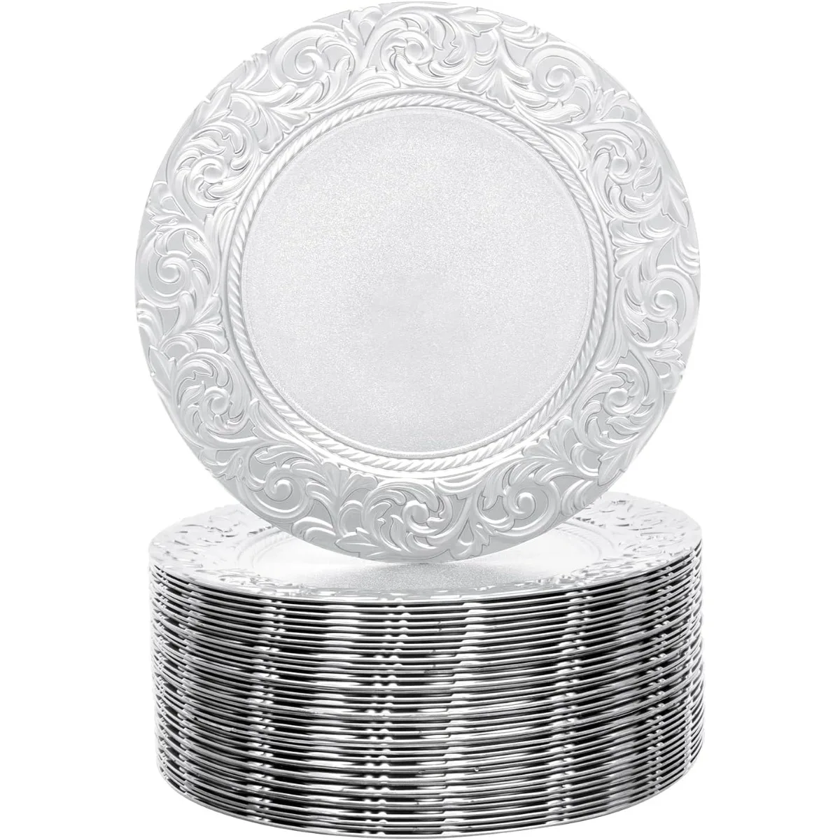 Lot de 100 assiettes de présentation, assiettes de table argentées, assiettes à dessert réutilisables et empilables pour mariage, fête, restaurant, buffet ﻿