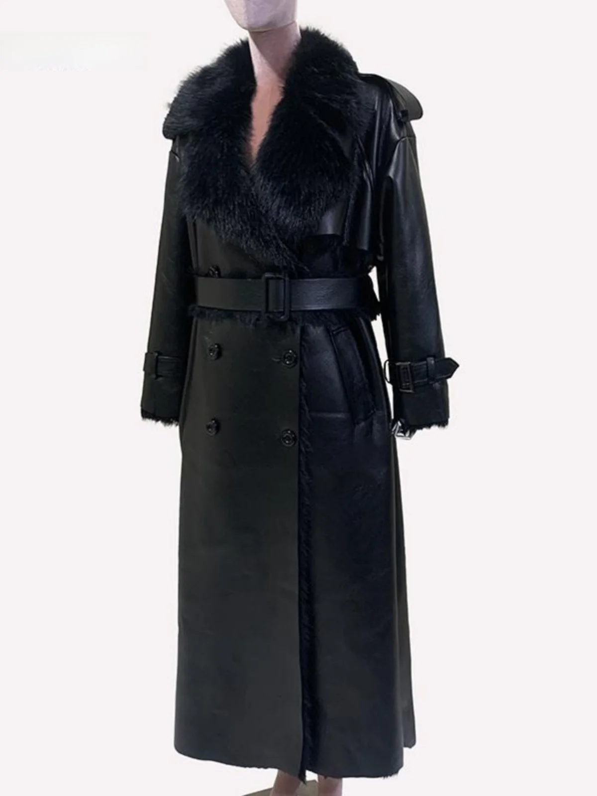 Nerazzurri Black Tuscan Leather Fur Coat Women's Long Oversize Faux Fur Coat Youth Korean Style Thickened Long Sleeve Coat