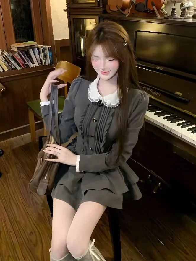 Sweet School Girl Style Doll Collar Dress Women's A-Line Puffy Skirt Slimming High Waist Retro Autumn Long Sleeve Short Dress